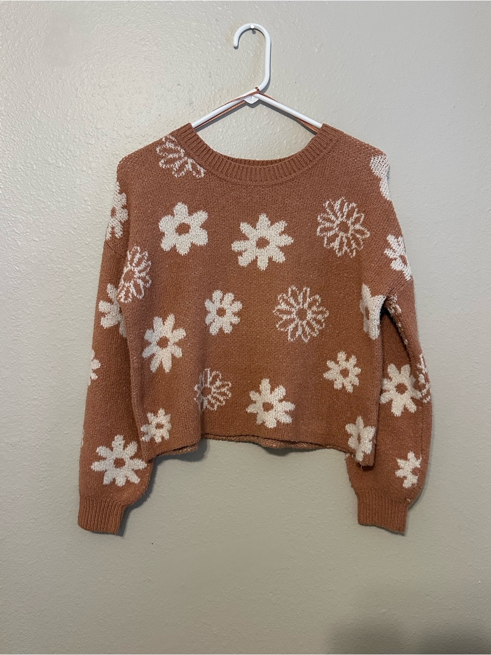 Pink Rose Rust Knit Crewneck Sweater with Cream Daisy Pattern
